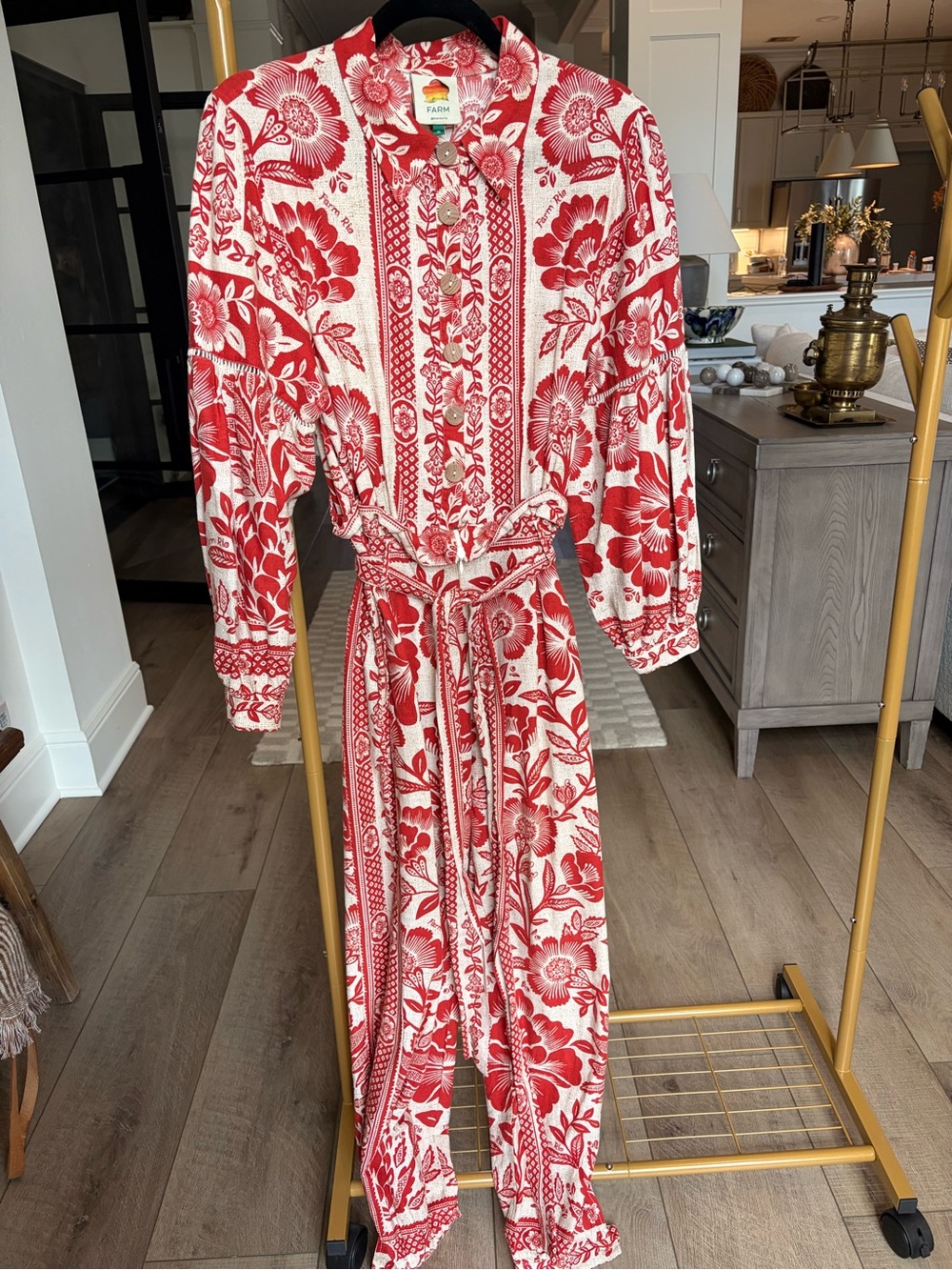 Farm Rio Red and Cream Floral Button-Front Jumpsuit with Waist Tie